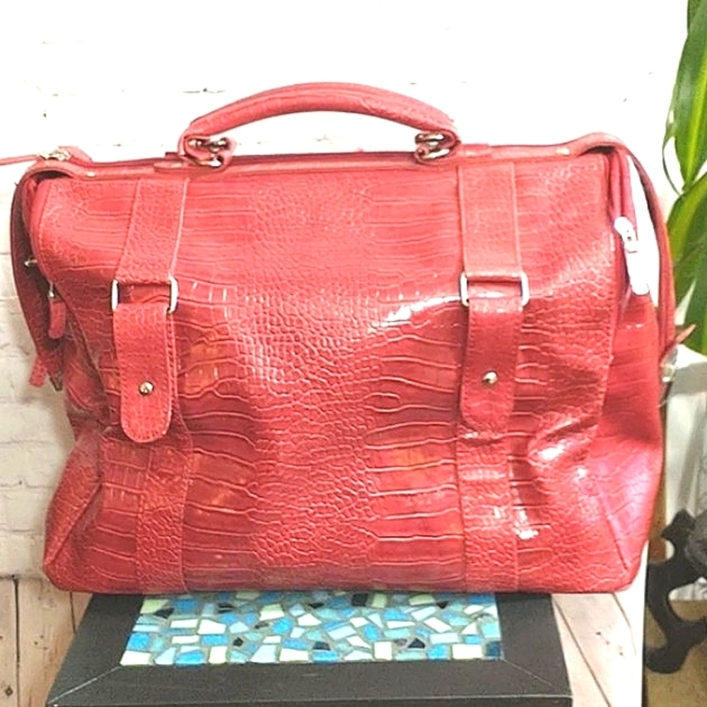 Large Bath & Body Works red faux crocodile skin bag
